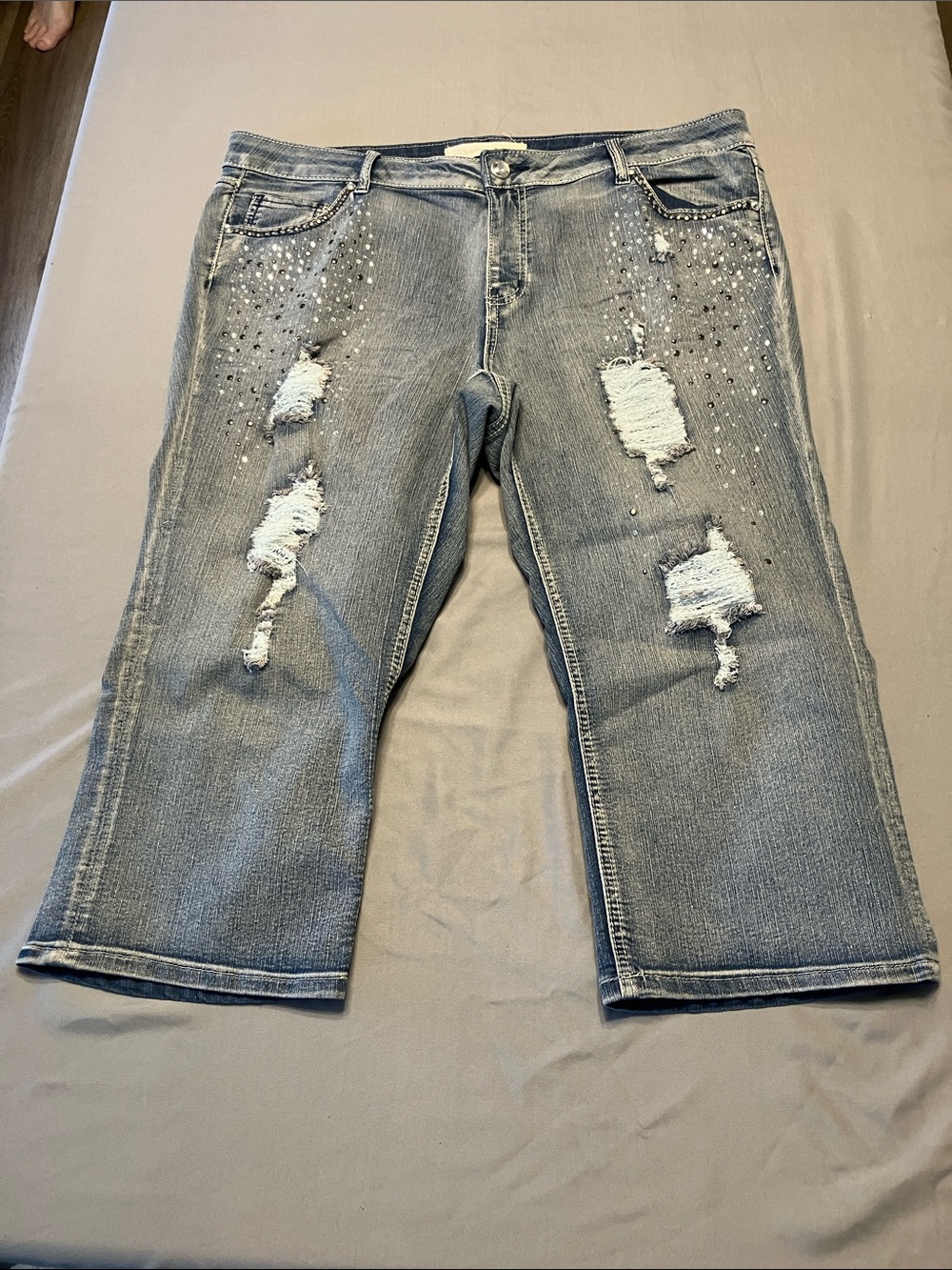 Fashion Bug Light Blue Distressed Capris with Stud Accents